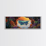 Ocean Cave View, Sunset Waves, Coastal Decor, Tropical Art, Framed Canvas Print, Beach House Wall Art, Vibrant Seascape, Boho Style