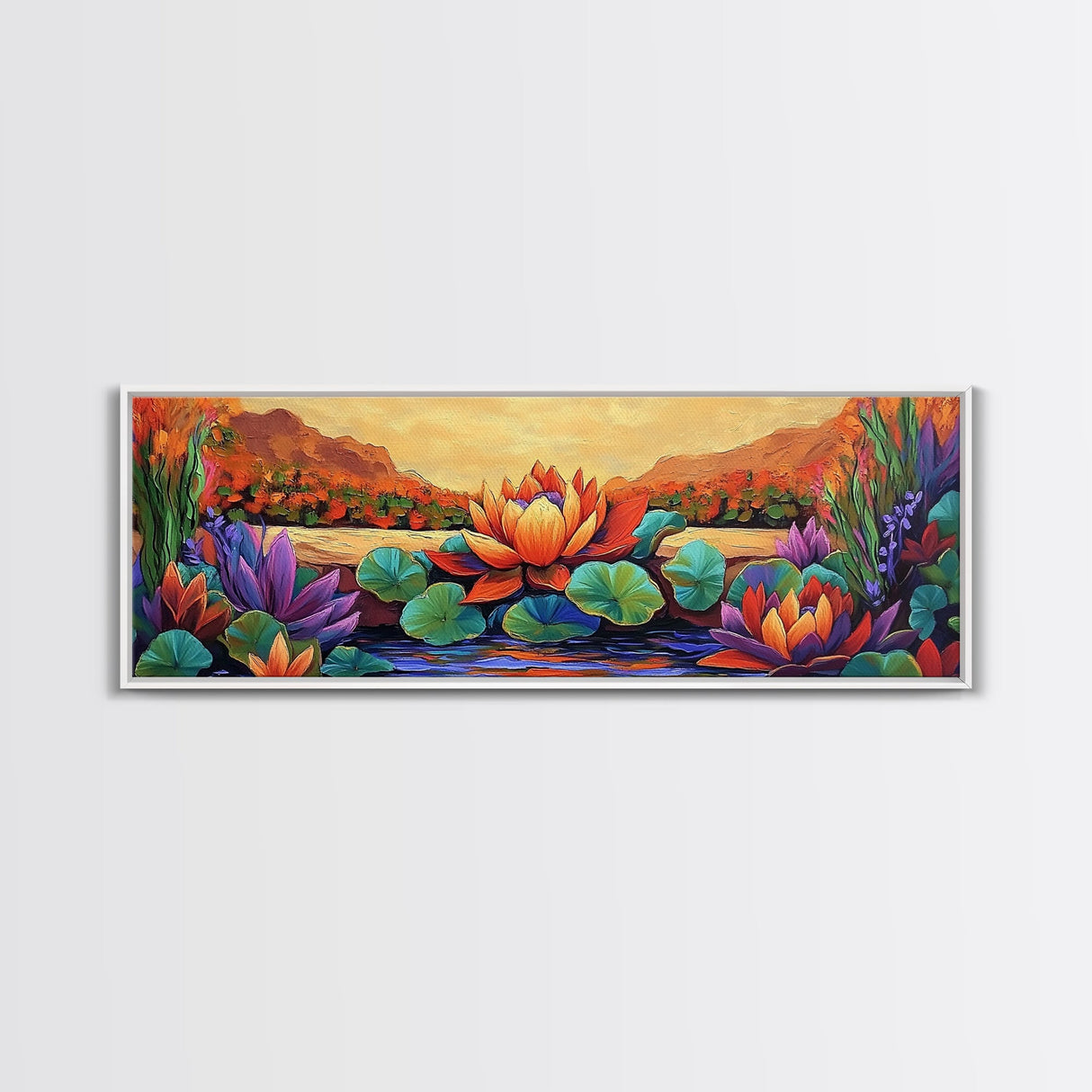 Lotus Bloom, Tranquil Pond, Sunset Flowers, Framed Canvas Print, Zen Wall Art, Yoga Studio Decor, Nature Inspired Floral Painting