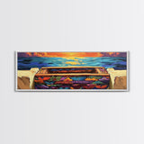 Sunset Pier, Ocean Horizon, Bold Seascape, Framed Canvas Print, Beach House Wall Art, Coastal Dining Room Decor, Vibrant Nautical Art