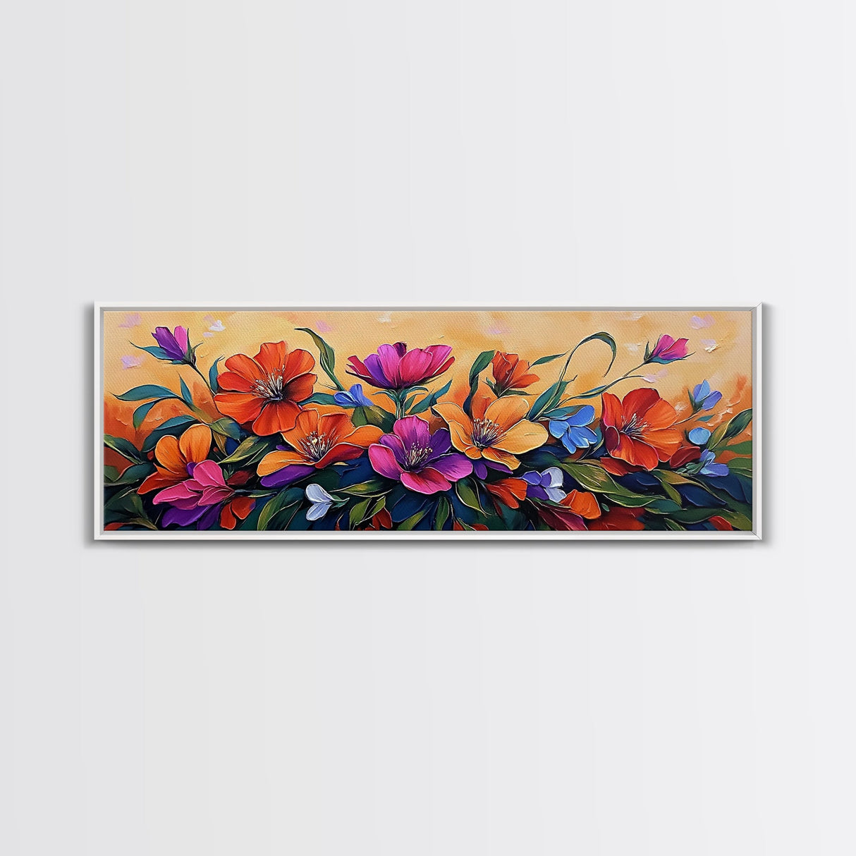 Vibrant Floral Burst, Sunset Garden, Colorful Flowers, Bold Leaves, Canvas Print, Living Room Wall Art, Boho Botanical Style