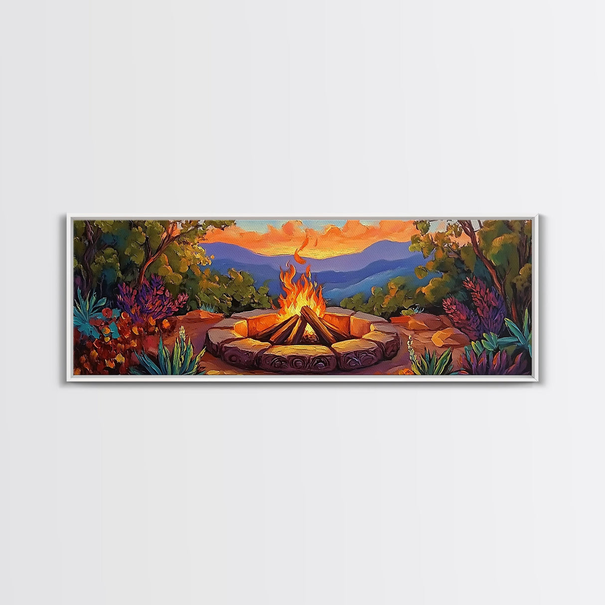 Mountain Campfire Glow, Forest Bonfire Scene, Sunset Wilderness Art, Canvas Print, Autumn Living Room Decor, Rustic Outdoor Vibe