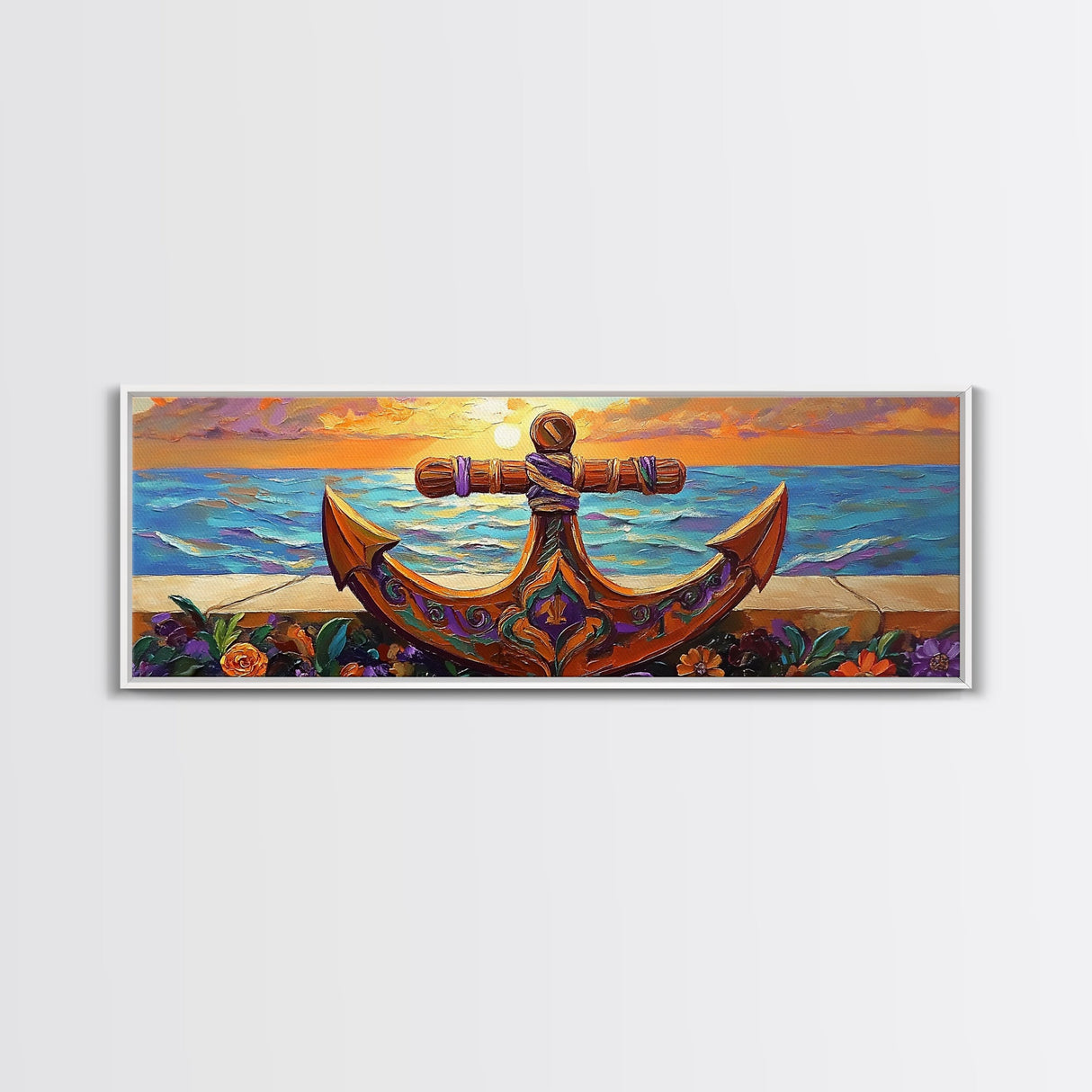 Anchor Seaside Art, Nautical Sunset, Framed Canvas Print, Coastal Home Decor, Ocean Lover Gift, Beach Living Room Wall Art