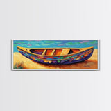 Colorful Canoe Art, Vibrant Coastal Boat, Tropical Beach Vibes, Canvas Print, Boho Beach Decor, Nautical Wall Art, Bathroom Art