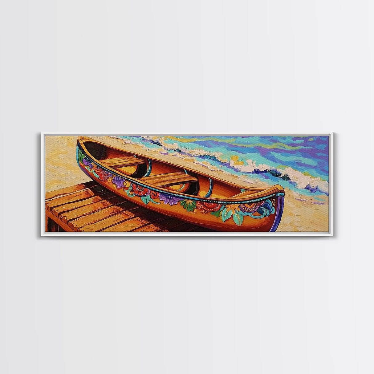 Floral Canoe Painting, Beachside Dock Art, Coastal Decor Accent, Canvas Print, Nautical Wall Art, Boho Beach House Living Room