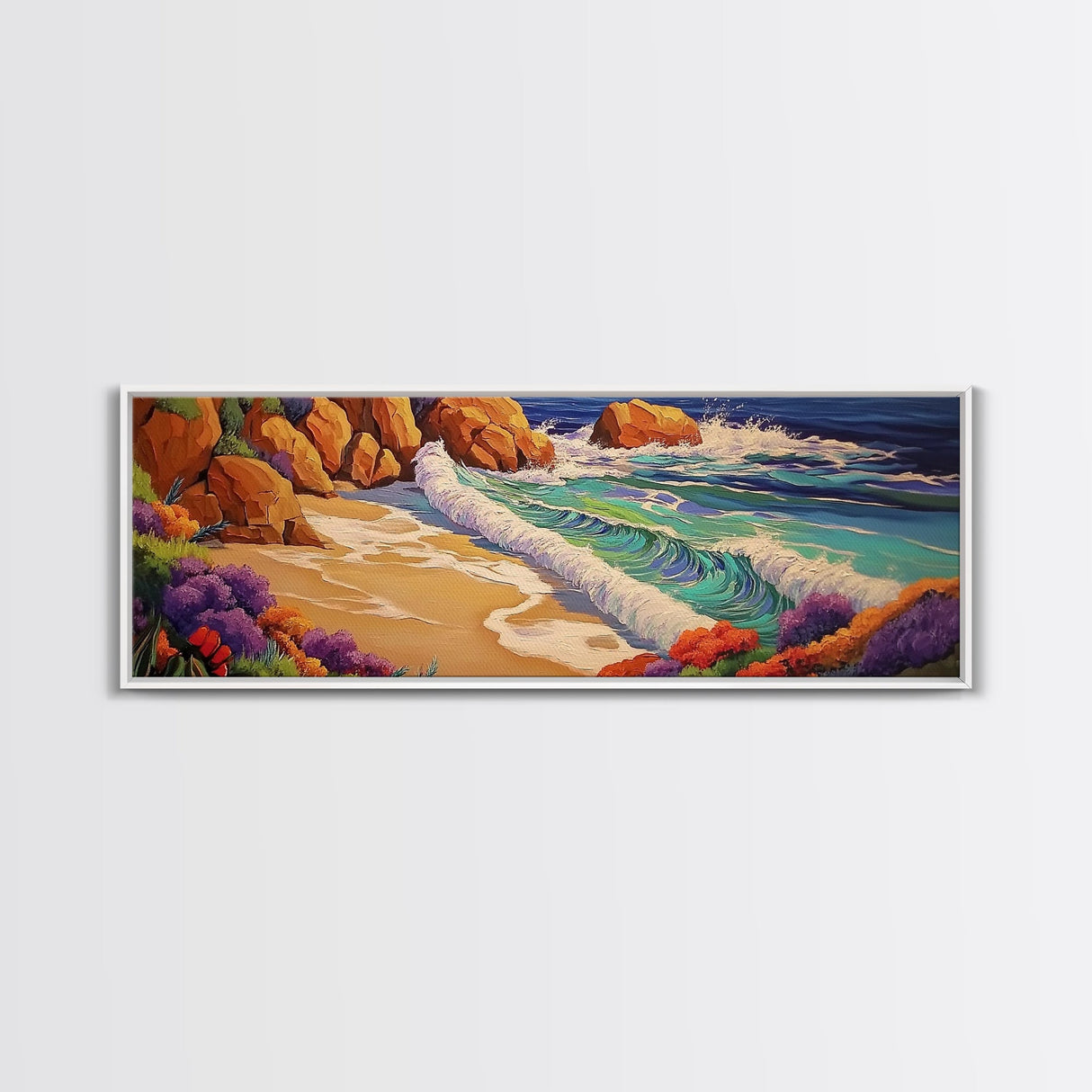 Ocean Waves Beach, Colorful Surf Art, Coastal Landscape, Seaside View, Canvas Print, Bathroom Wall Art, Nautical Theme, Vibrant Art