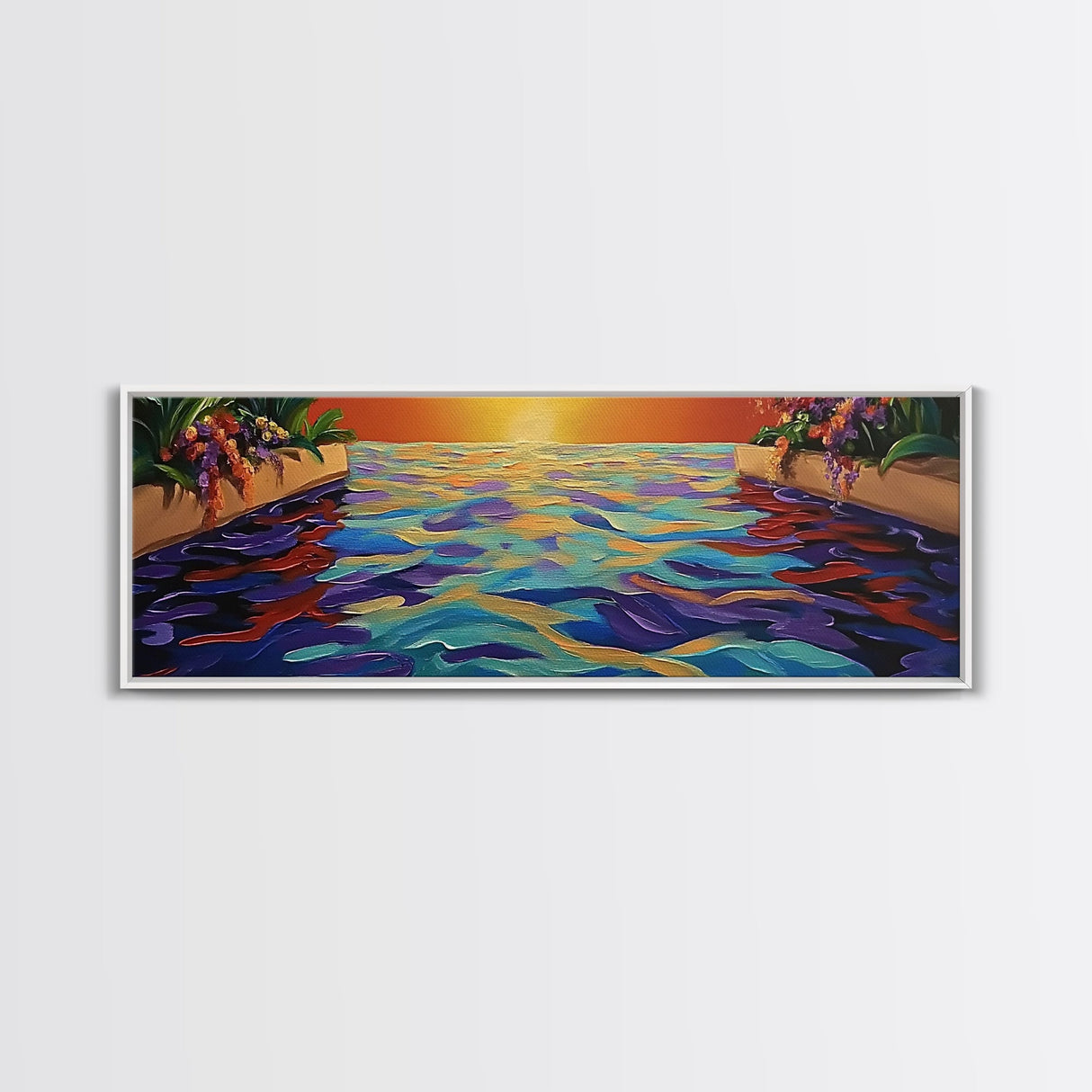 Sunset Infinity Pool, Tropical Water Reflection, Vibrant Resort View, Canvas Print, Bathroom Wall Art, Dreamy Landscape, Modern Art