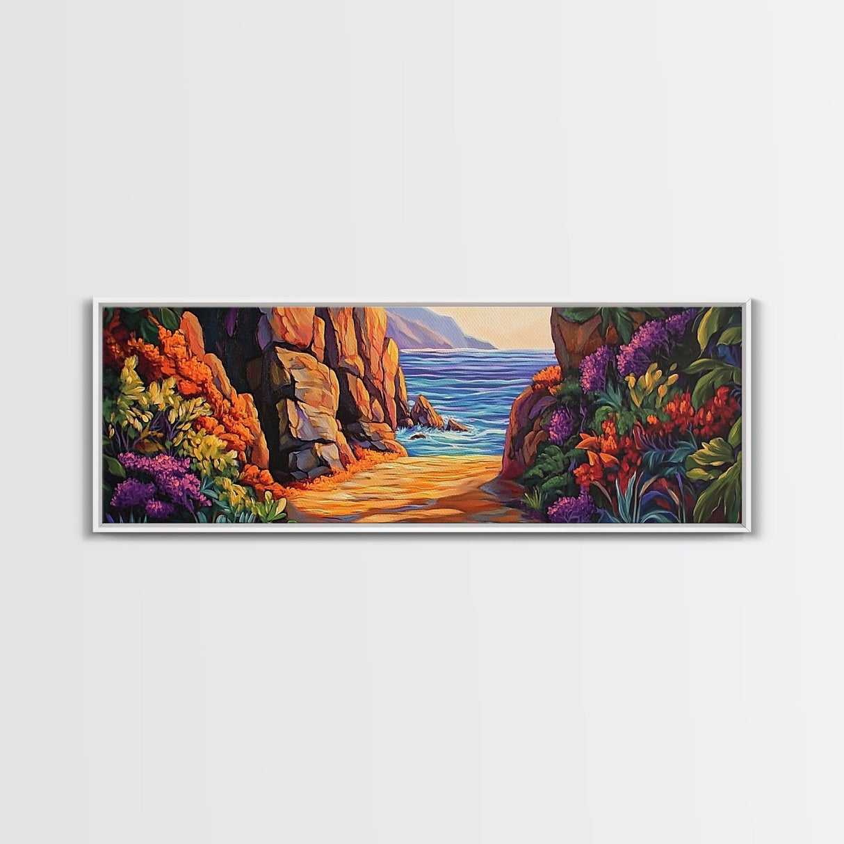 Coastal Path, Sunset Beach, Ocean Rocks, Canvas Print, Colorful Seascape Wall Art, Beach House Decor, Tropical Boho Living Room Art