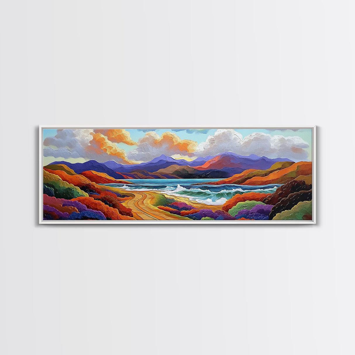 Colorful Mountains, Ocean Road, Vibrant Sunset, Framed Canvas Print, Scenic Nature Wall Art, Coastal Living Room Decor, Bold Art