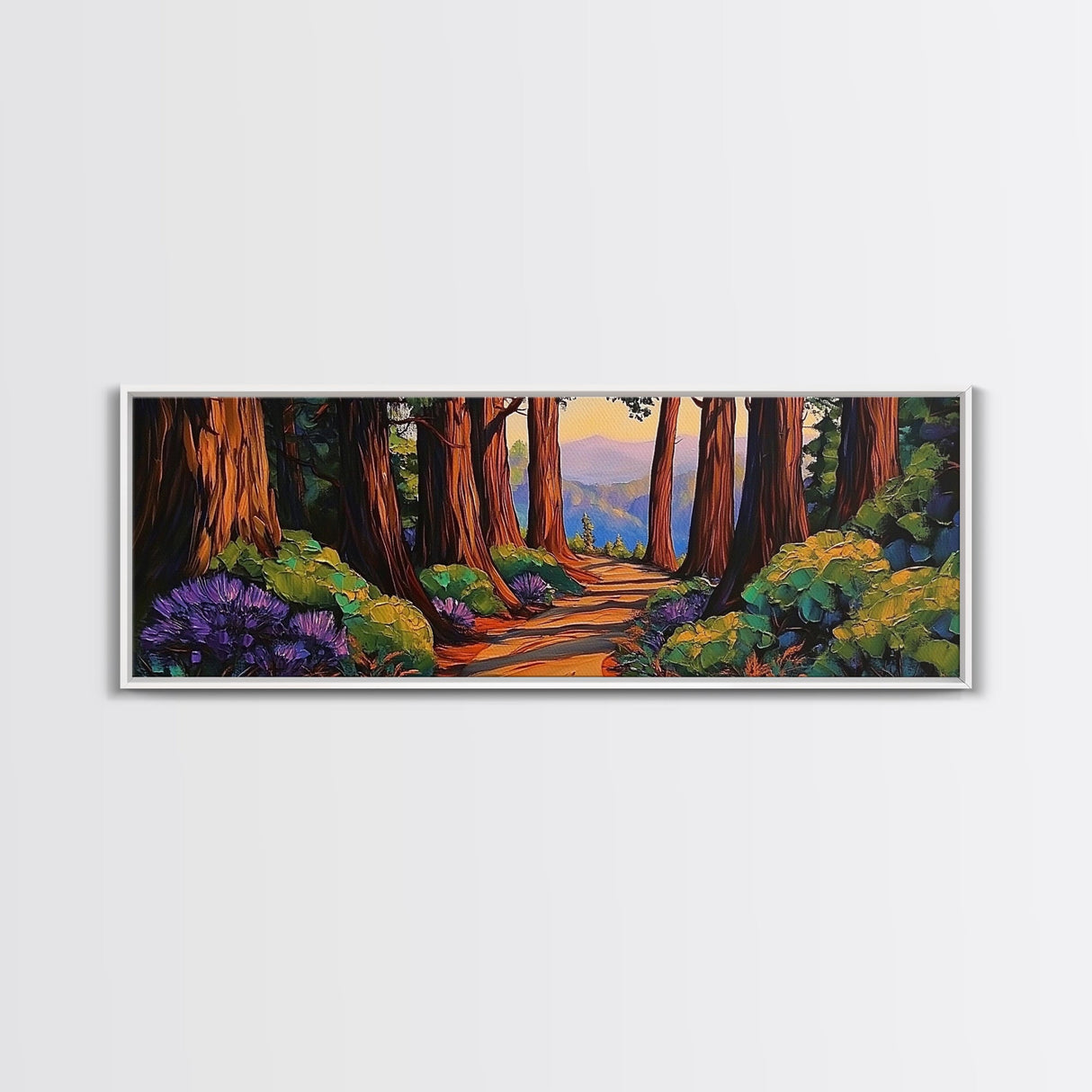 Redwood Forest, Sunset Path, Nature Trail, Peaceful Escape, Framed Canvas Print, Nature Wall Art, Bedroom Decor, Rustic Cabin Art
