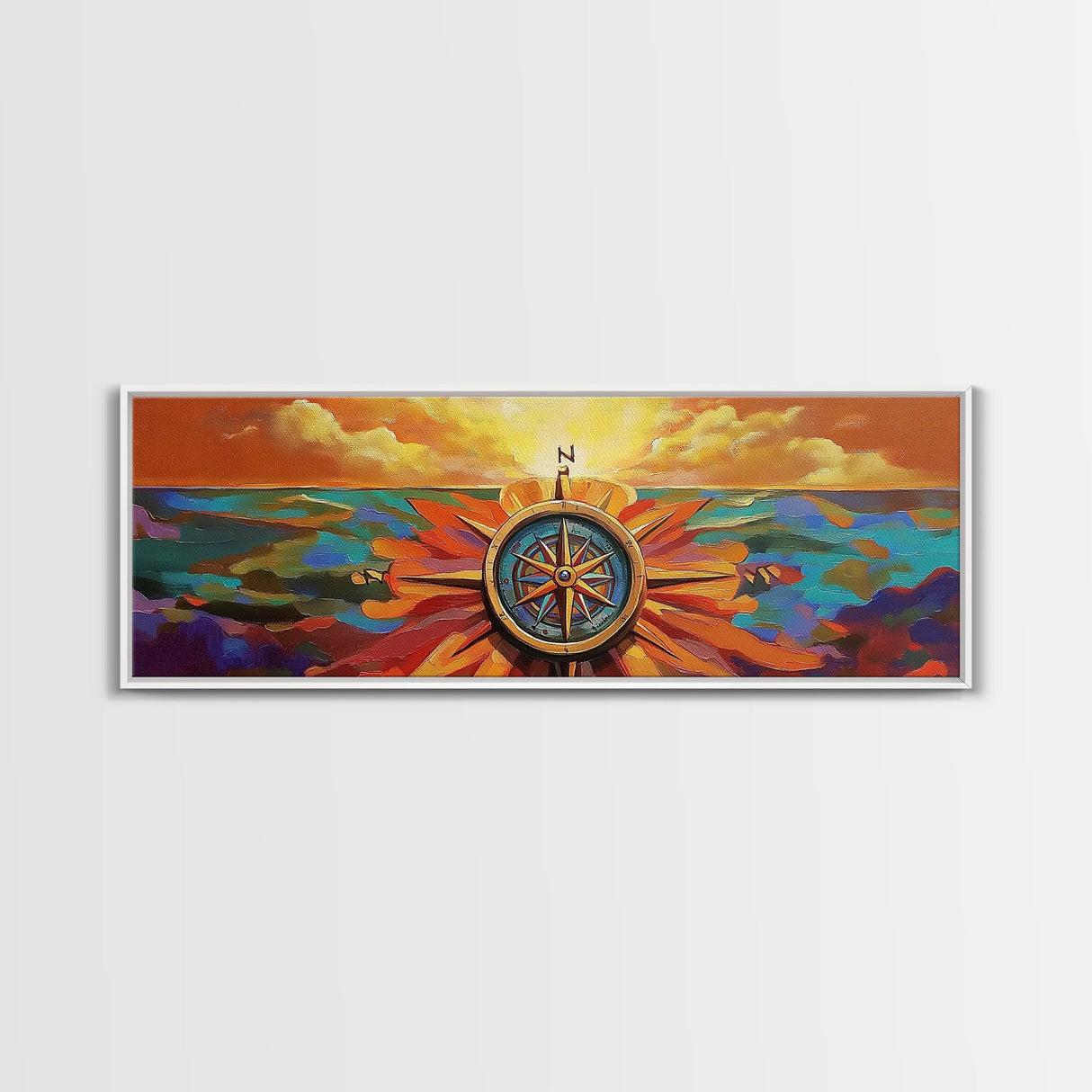 Compass Rose, Nautical Decor, Seafaring Art, Sunset Ocean, Framed Canvas Print, Beach House Art, Office Wall Art, Boho Travel Art