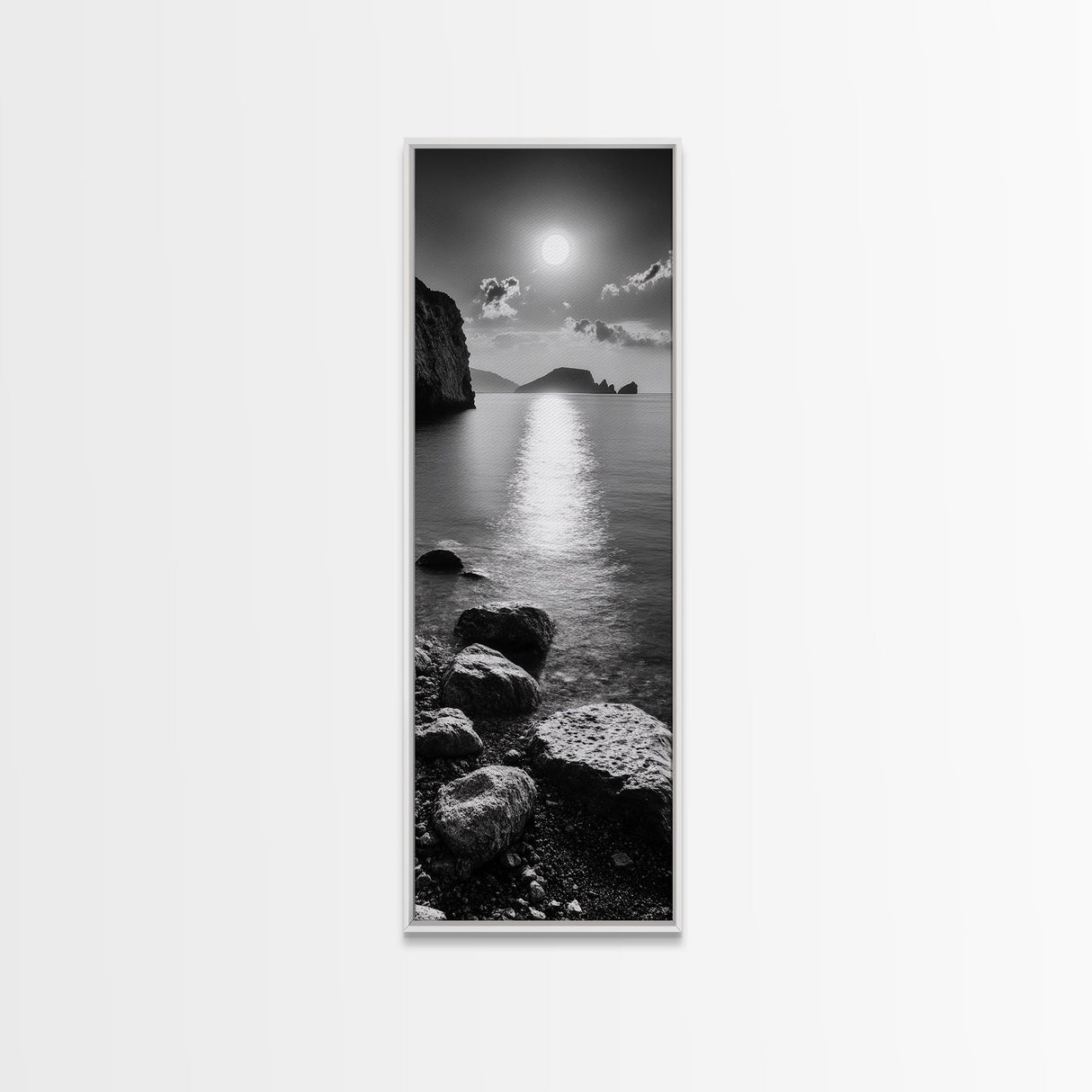 Moonlight Ocean View, Coastal Photography Art, Seascape Print, Framed Canvas Print, Bathroom Wall Art, Neutral Beach Decor