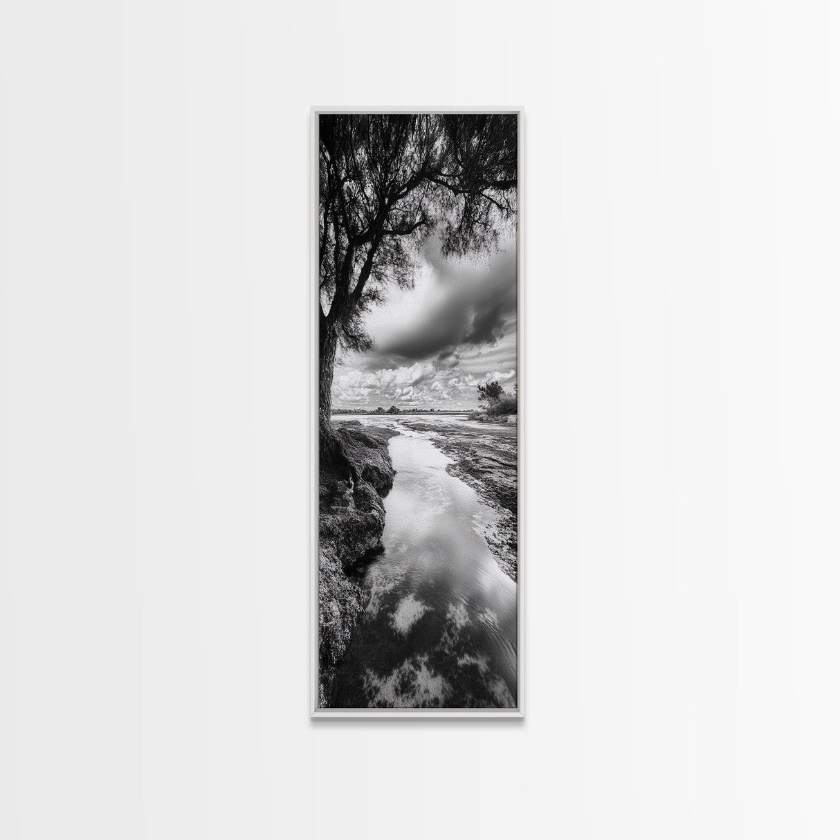 River Through Trees, Tranquil Forest Stream, Reflective Nature Art, Framed Canvas Print, Zen Living Room Wall Decor, Calm Scene