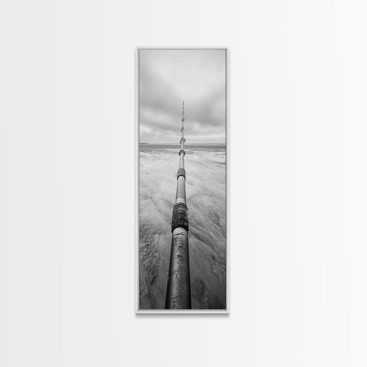 Pipeline Perspective, Industrial Seascape, Grunge Aesthetic, Framed Canvas Print, Coastal industrial art, Minimalist hallway decor, Monochrome print