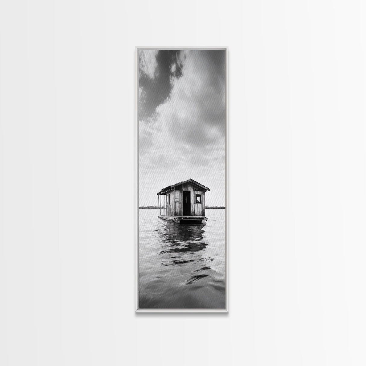 Floating Cabin, Water House, Tranquil Escape, Framed Canvas Print, Serene lake house wall art, Cabin decor, Nature minimalist bathroom print