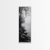 Lakeside Mist, Rocky Shoreline, Tranquil Forest, Framed Canvas Print, Peaceful woodland wall art, Fall neutral decor, Nature themed office print