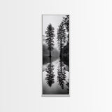 Twin Pines, Forest Reflection, Misty Lake, Black and White Nature, Framed Canvas Print, Living Room Wall Art, Nature Photography, Zen Decor