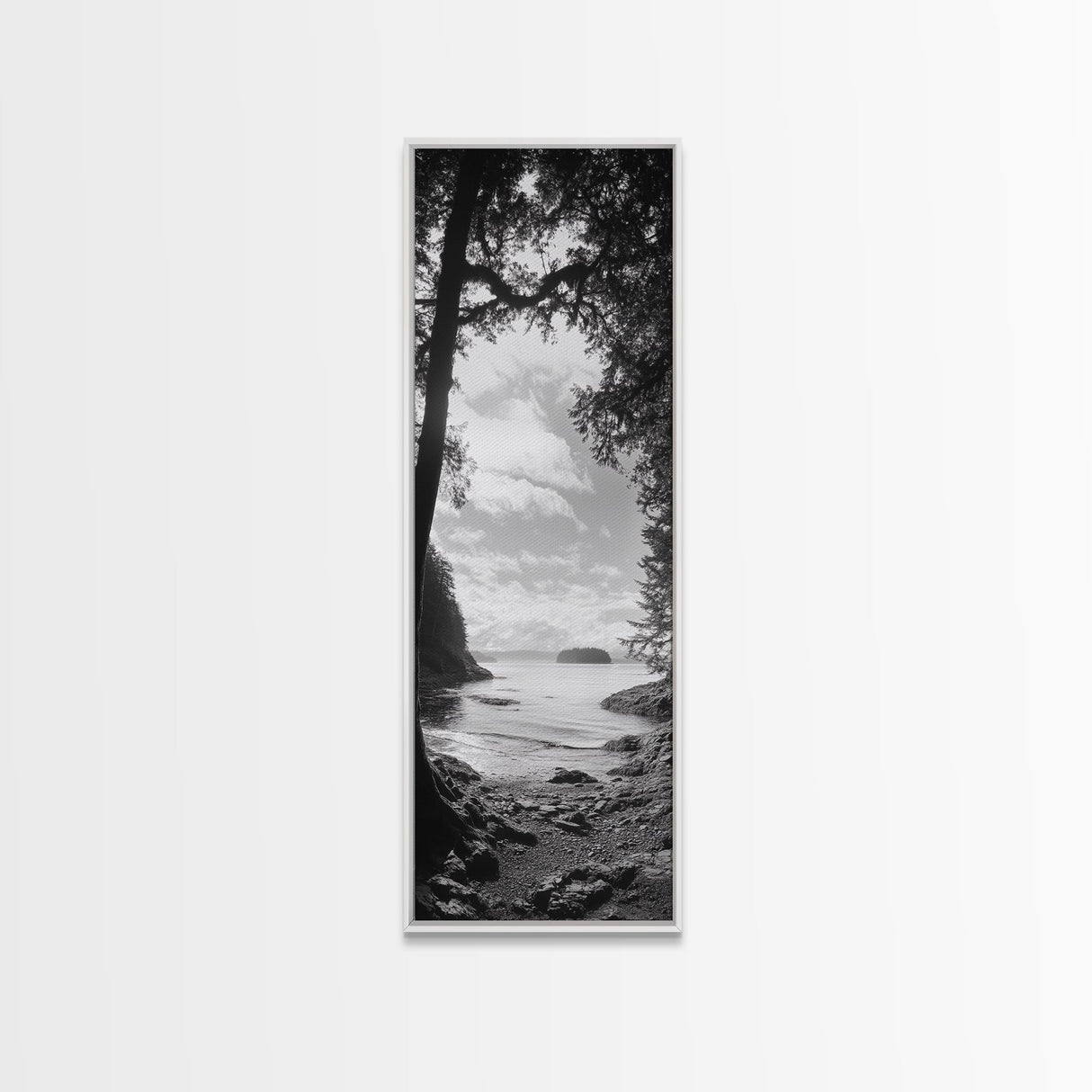 Island View, Forest Coastline, Secluded Shore, Tranquil Ocean Scene, Canvas Print, Boho Decor, Entryway Wall Art, Nature Wall Aesthetic