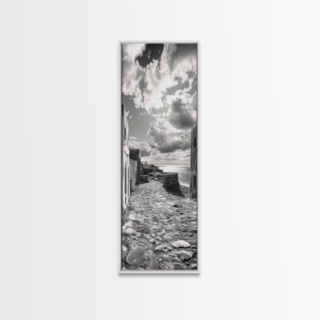 Coastal Street, Ocean View, Mediterranean Charm, Monochrome Photography, Framed Canvas Print, Living Room Print, Kitchen Wall Art