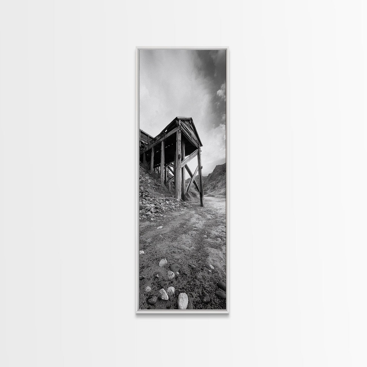 Abandoned Mine, Wooden Structure, Desert Scene, Western Vibes, Black and White Canvas Print, Industrial Rustic Living Room Wall Art