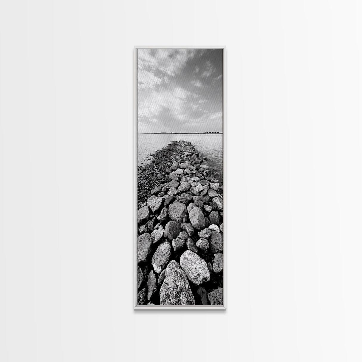 Rocky Jetty, Ocean Horizon, Black and White Seascape, Minimalist Nature, Canvas Print, Neutral Wall Decor, Office Wall Art, Hallway Decor