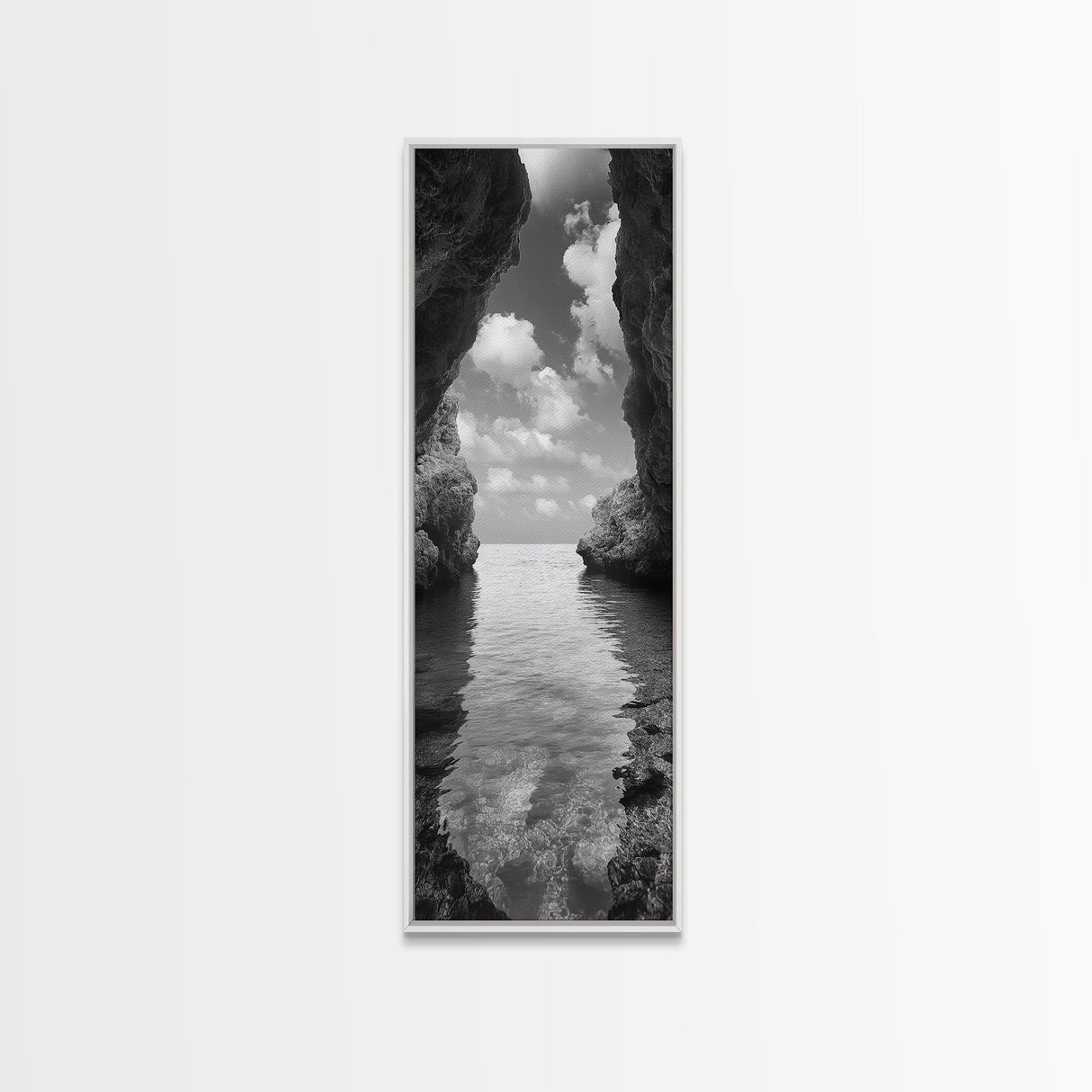 Ocean Cave, Tranquil Waters, Cloudy Sky, Coastal Wall Art, Canvas Print, Black and White Nature Decor, Modern Beach House Wall Art