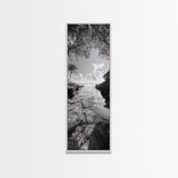 Island Cove, Palm Tree, Peaceful Sea, Tropical Coastline, Black and White Framed Canvas Print, Boho Beach Wall Art, Bathroom Decor