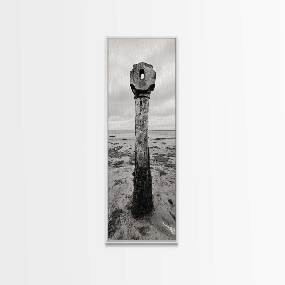 Driftwood Totem, Coastal Pillar, Ocean Beach Monochrome, Framed Canvas Print, Rustic Wall Art, Boho Bedroom Decor, Nature Photography