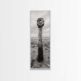 Driftwood Totem, Coastal Pillar, Ocean Beach Monochrome, Framed Canvas Print, Rustic Wall Art, Boho Bedroom Decor, Nature Photography