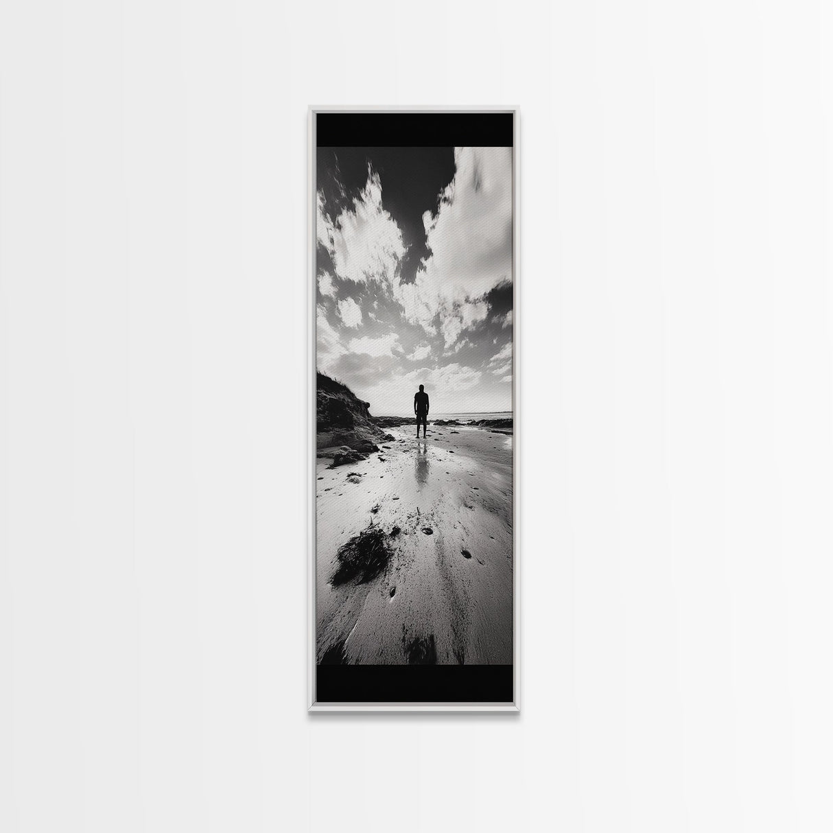 Lone Beach Walker, Dramatic Sky, Ocean Reflections, Solitude Moment, Framed Canvas Print, Hallway Wall Art, Moody Minimalist Decor