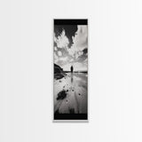 Lone Beach Walker, Dramatic Sky, Ocean Reflections, Solitude Moment, Framed Canvas Print, Hallway Wall Art, Moody Minimalist Decor