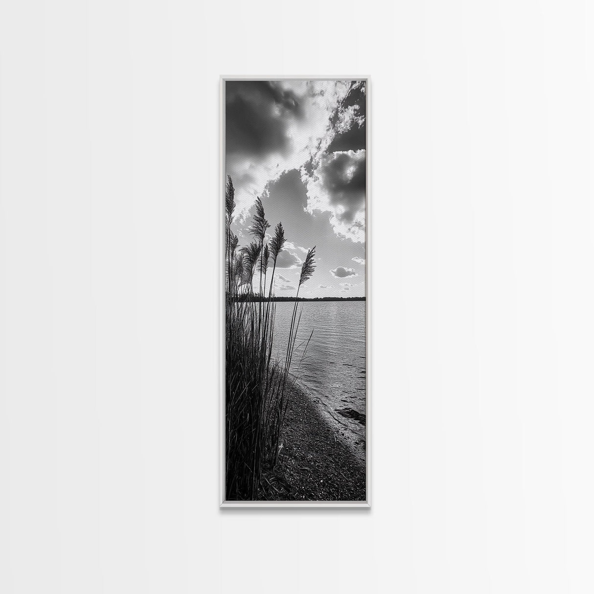 Reeds at Sunset, Lake Shoreline, Tranquil Water, Framed Canvas Print, Entryway Wall Art, Autumn Decor, Natural Photography, Neutral Tones
