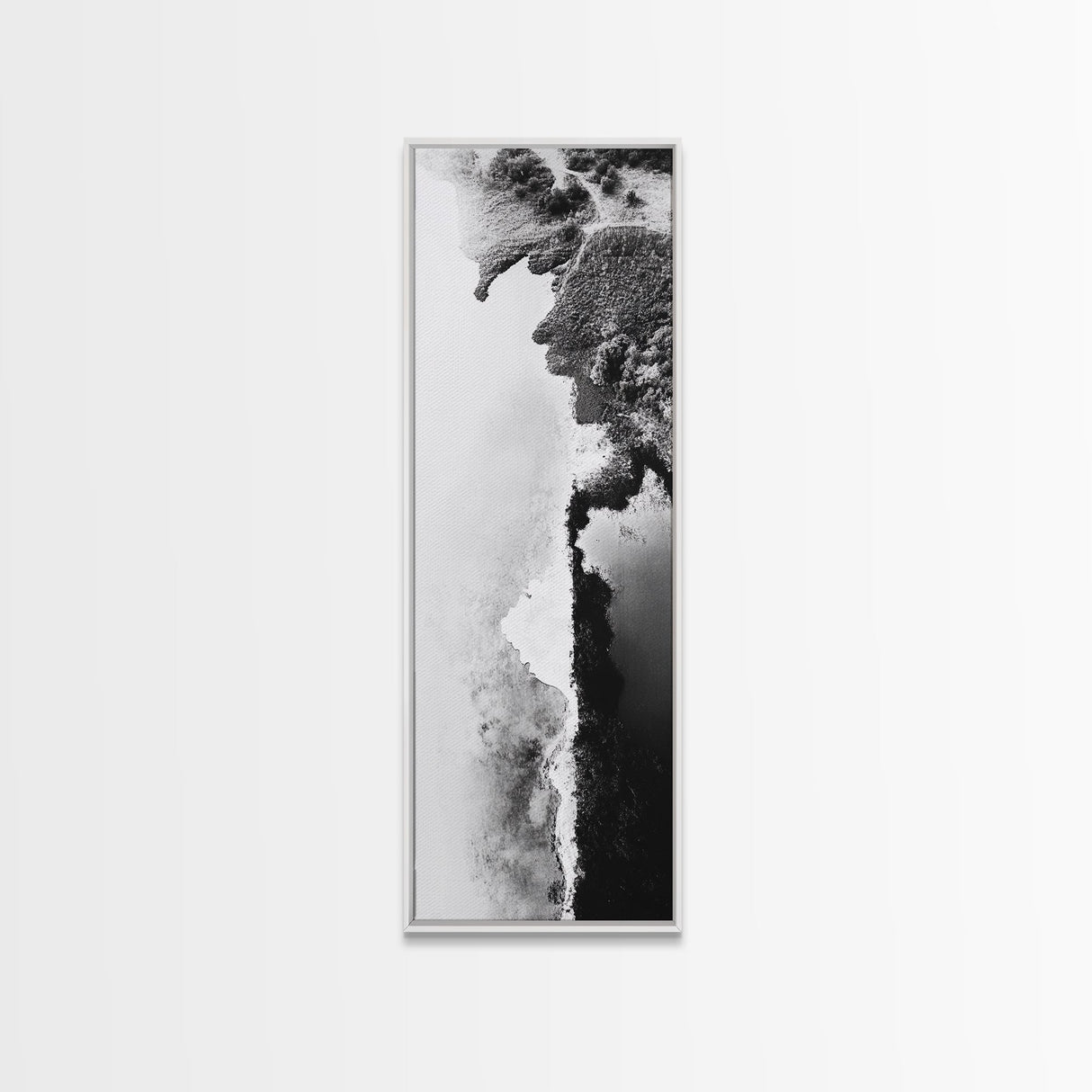 Aerial Coastline, Abstract Shore, Natural Edge, Canvas Print, Modern Living Room Wall Art, Black and White Photography, Coastal Decor