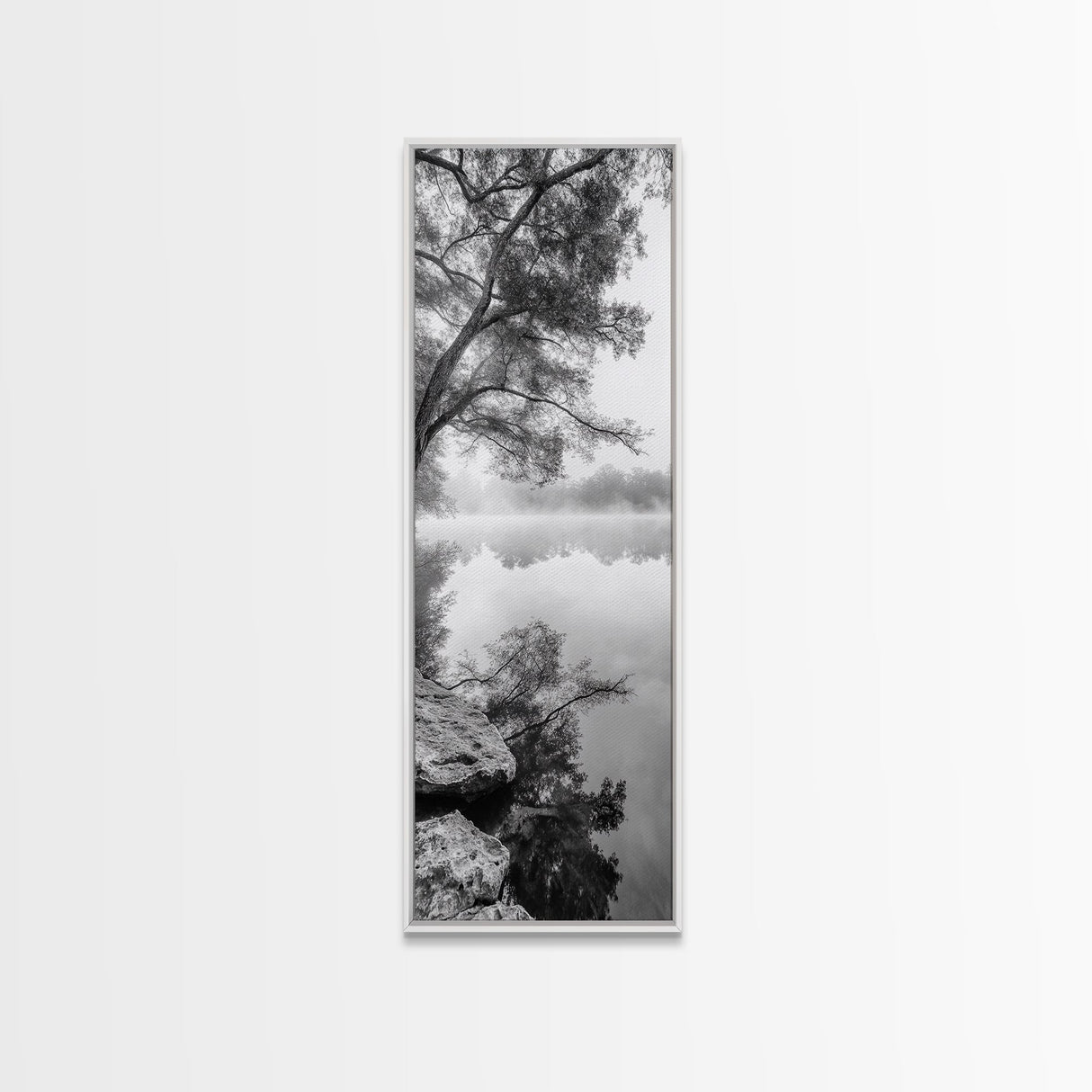 Misty Lake, Tree Reflection, Tranquil Morning, Framed Canvas Print, Bedroom Wall Art, Serene Nature Photography, Minimalist Art Style