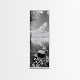 Peaceful Lake, Cloud Reflection, Shoreline Stones, Framed Canvas Print, Guest Room Wall Art, Nature Inspired Decor, Minimalist Landscape