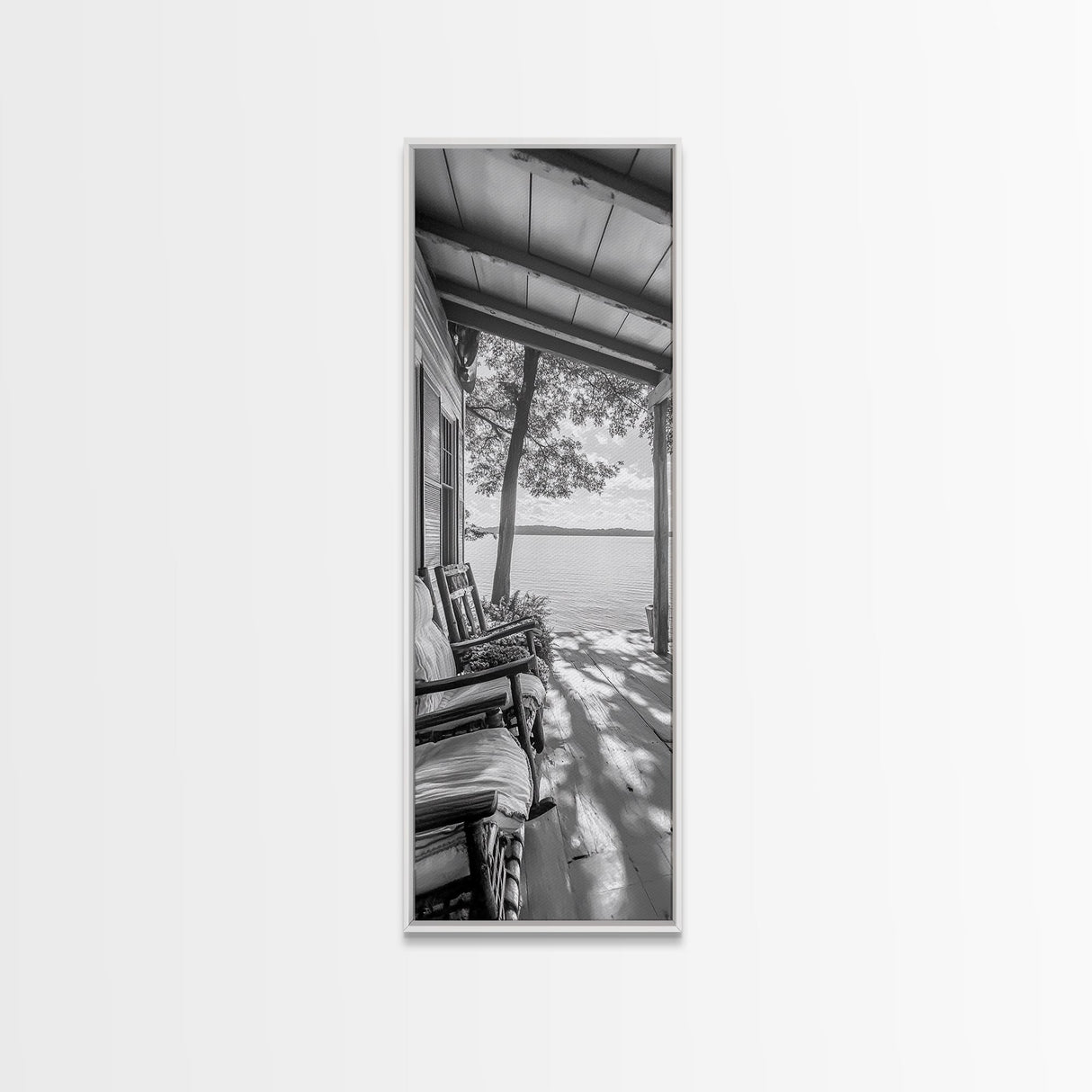 Lake Porch View, Rustic Charm, Cabin Vibes, Relaxing Nature Scene, Framed Canvas Print, Farmhouse Decor, Cozy Living Room Wall Art, Lakehouse Art