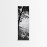Coastal Tree Shade, Beach Sand Path, Seaside Serenity, Nature Retreat, Framed Canvas Print, Bathroom Wall Art, Neutral Tones, Calm Ocean Art