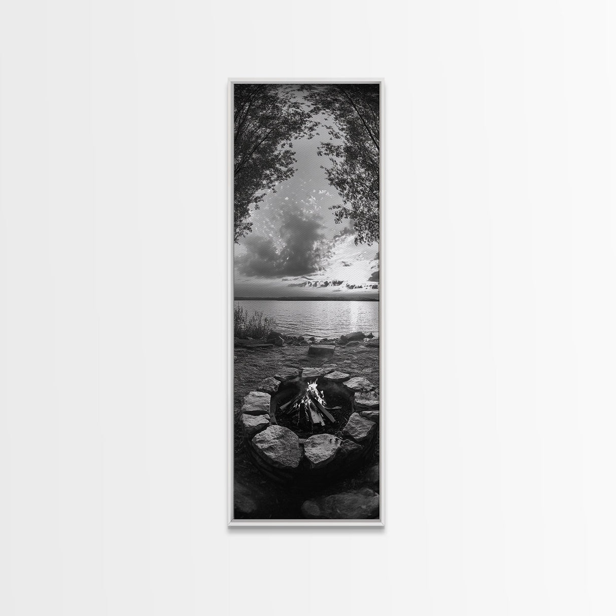 Campfire Sunset, Autumn Gathering, Fireside Evening, Lake Horizon, Framed Canvas Print, Fall Decor, Cabin Living Room Wall Art, Nature Lodge Print