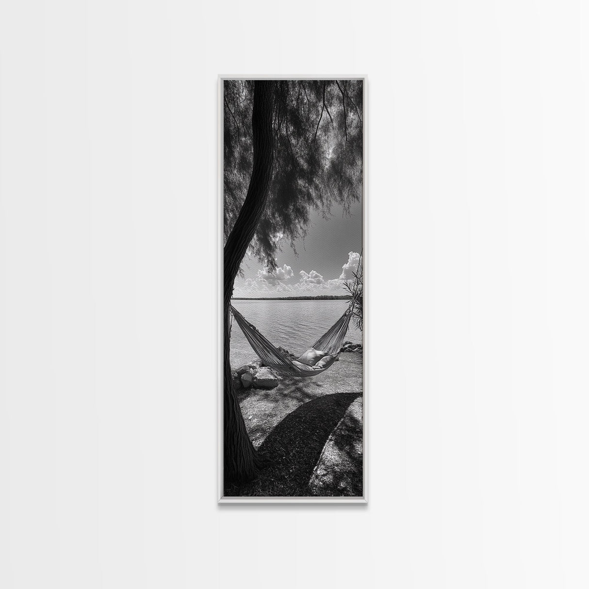 Hammock Dreams, Coastal Rest, Lakeside Retreat, Chill Vibes, Framed Canvas Print, Boho Wall Art, Serene Bedroom Art, Relaxation Inspired Decor