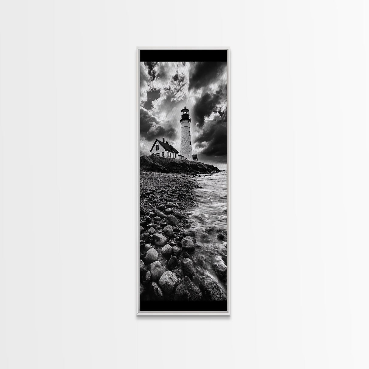 Lighthouse Drama, Coastal Storm, Rocky Shoreline Scene, Moody Ocean Sky, Framed Canvas Print, Nautical Living Room Wall Art, Black White Art