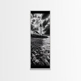 Lighthouse Drama, Coastal Storm, Rocky Shoreline Scene, Moody Ocean Sky, Framed Canvas Print, Nautical Living Room Wall Art, Black White Art