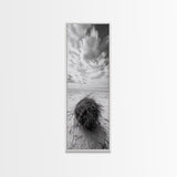 Beach Tumbleweed, Windy Dune, Coastal Drift, Seaside Simplicity, Monochrome Shoreline Framed Canvas Print, Bathroom Beach Wall Decor