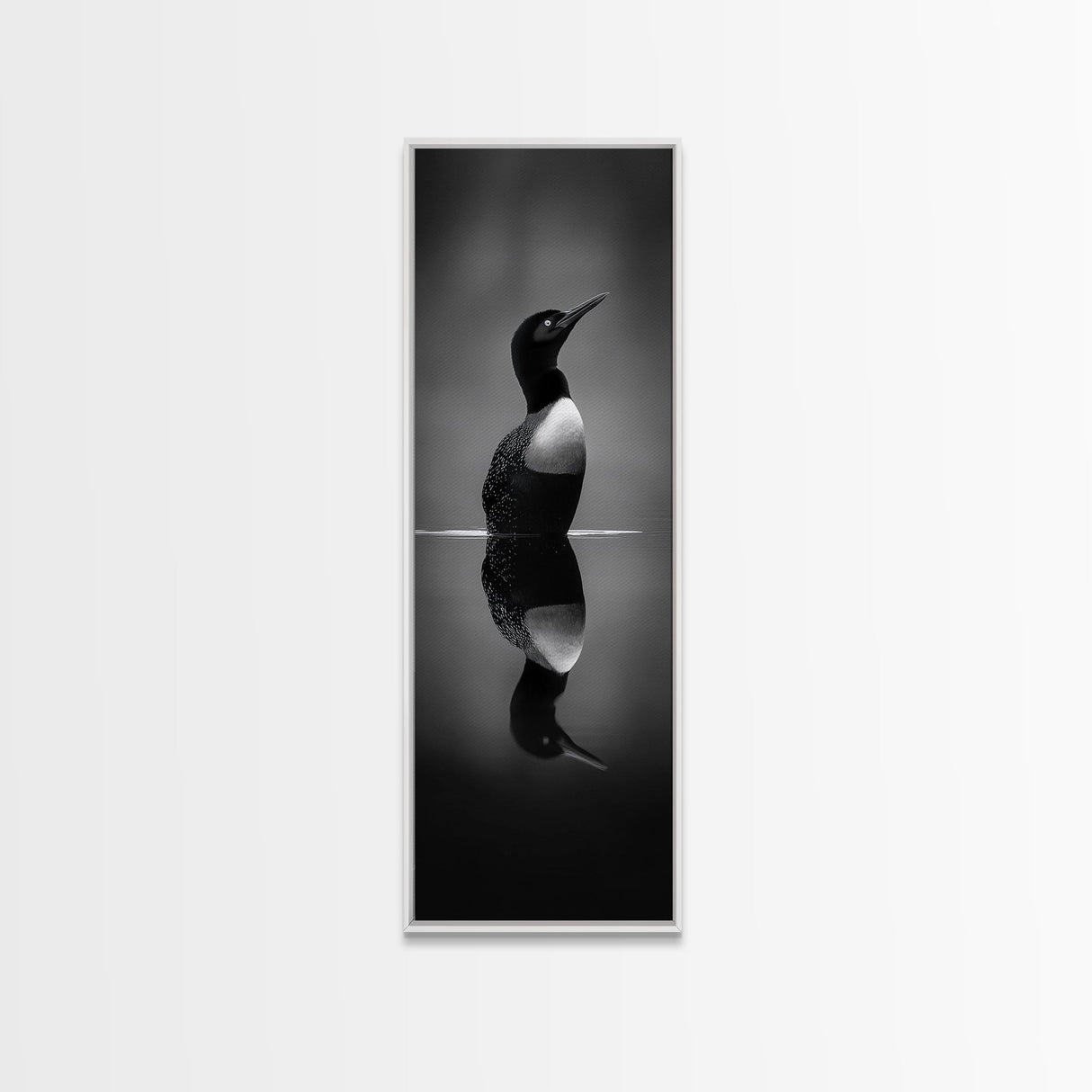 Reflected Loon, Lake Silence, Bird Mirror, Wildlife Art, Moody Black White Framed Canvas Print, Study Nature Wall Decor Minimalist Style