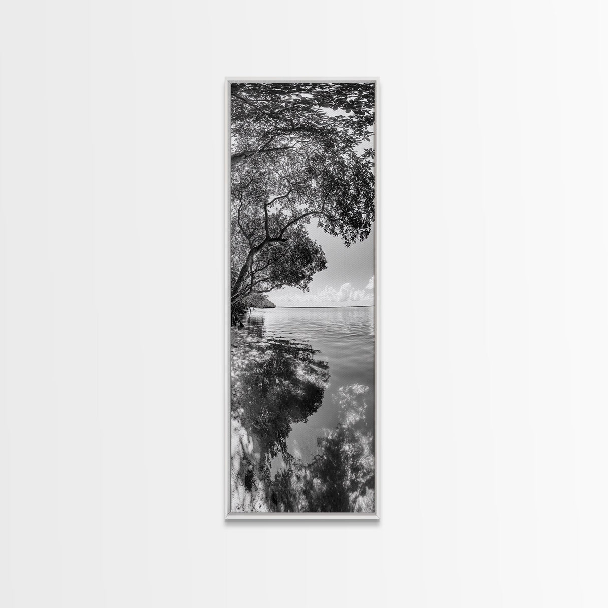Mangrove Shoreline, Tree Reflections, Still Waters, Tranquil Escape, Black White Nature Framed Canvas Print, Zen Wall Art Entryway Decor