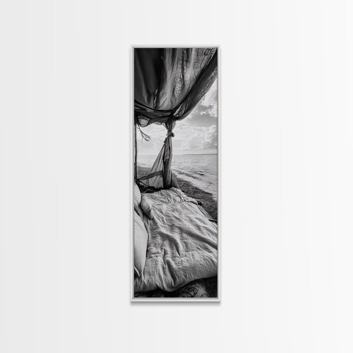 Coastal Bed View, Ocean Canopy, Seaside Rest, Framed Canvas Print, Boho Bedroom Wall Art, Rustic Beach Photography, Nature Retreat Decor