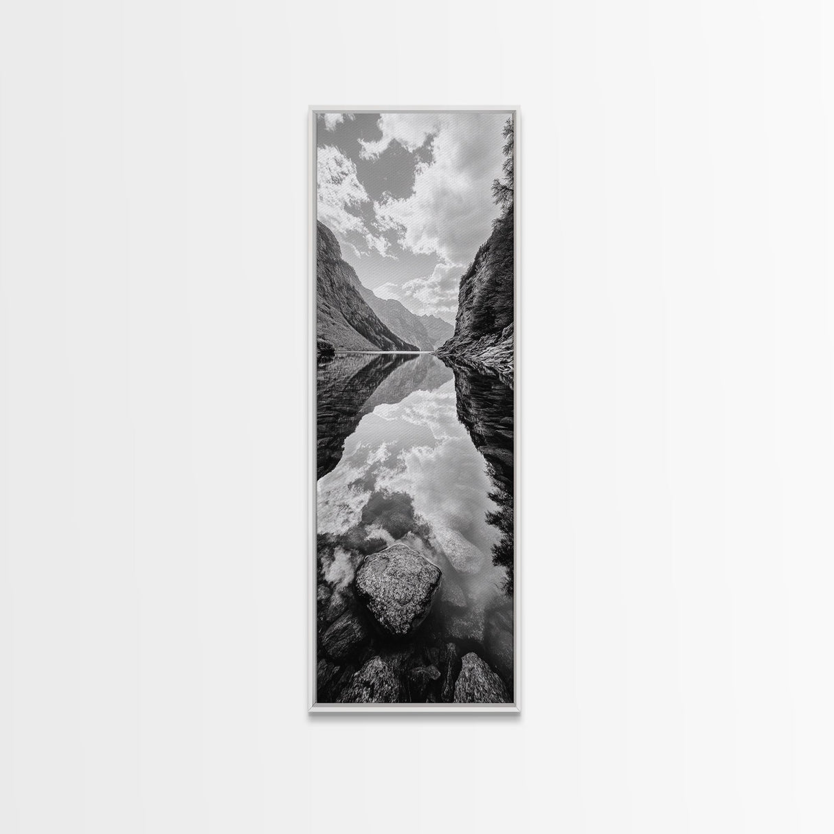 Reflective Lake, Cloud Mirror, Mountain Calm, Canvas Print, Serene Bedroom Wall Art, Nature Tranquility, Scandinavian Landscape Style
