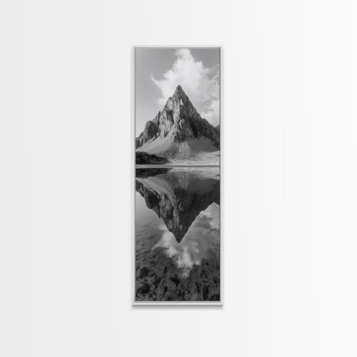 Sharp Mountain Peak, Reflection Stillness, Monochrome Wild, Framed Canvas Print, Rustic Cabin Wall Art, Nature Lover Gift Idea