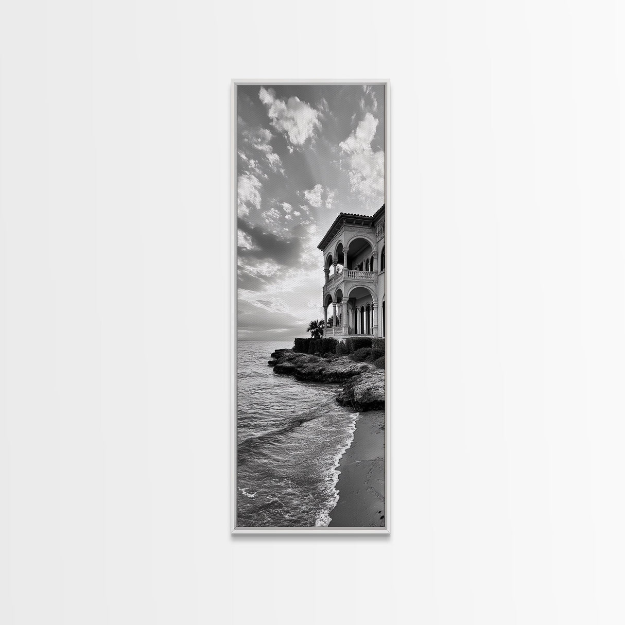 Italian Villa Coast, Seaside Architecture Print, Elegant Travel Decor, Framed Canvas Print, Dining Room Wall Art, Monochrome