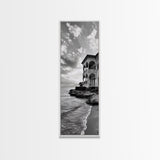 Italian Villa Coast, Seaside Architecture Print, Elegant Travel Decor, Framed Canvas Print, Dining Room Wall Art, Monochrome
