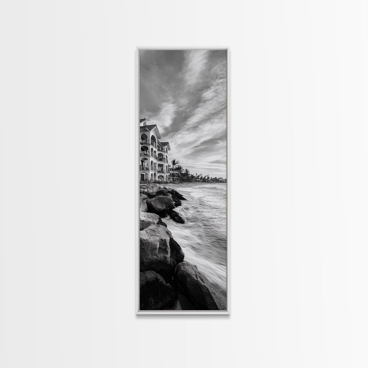 Coastal Resort Scene, Waves Rocks Hotel, Tropical Vacation Art, Beach House Wall Decor, Canvas Print, Living Room Style, Coastal Minimalist