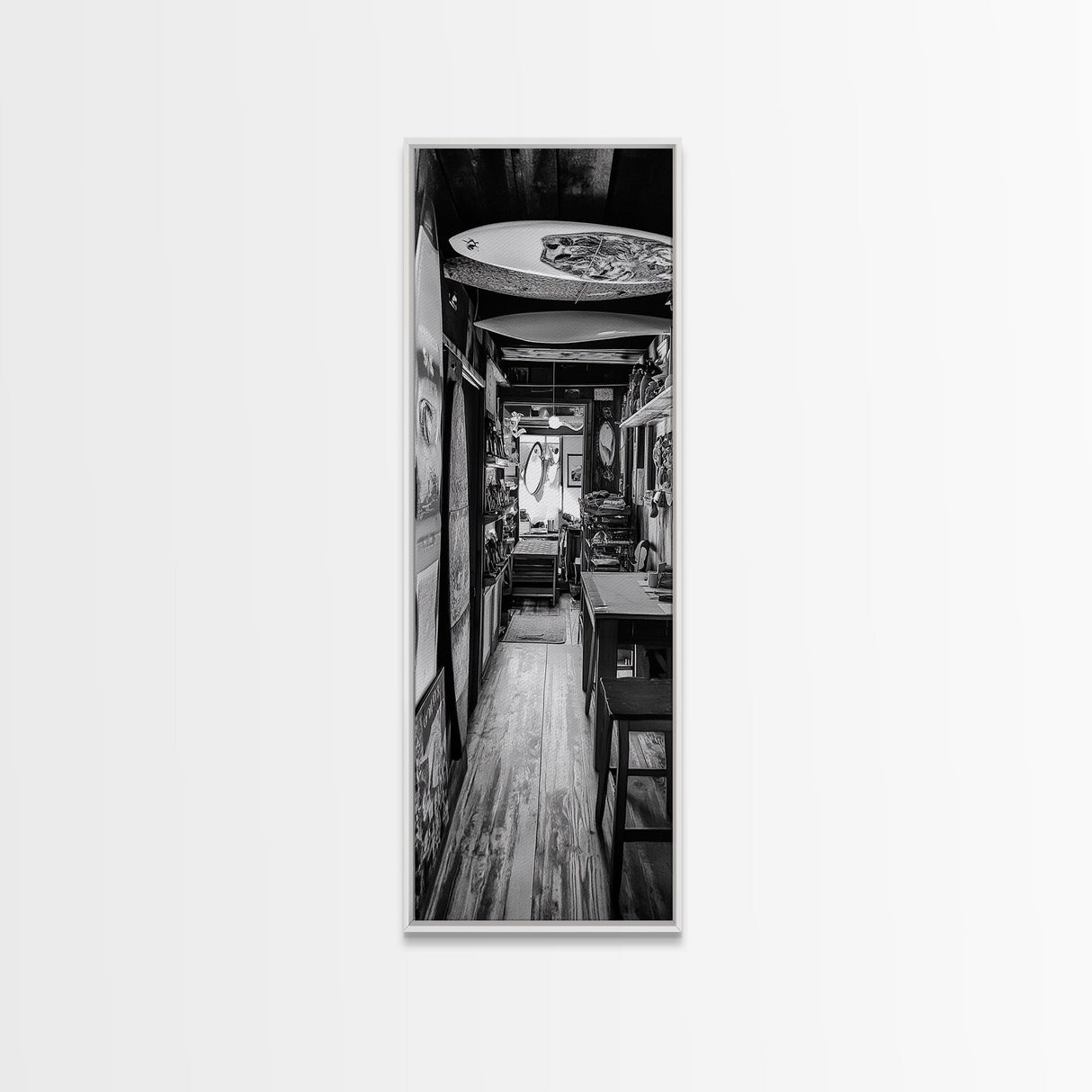 Surfboard Shop Hallway, Rustic Surf Decor, Beach Lifestyle Print, Framed Canvas Print, Man Cave Wall Art, Coastal Boho Vibes, Cabin Wall Art